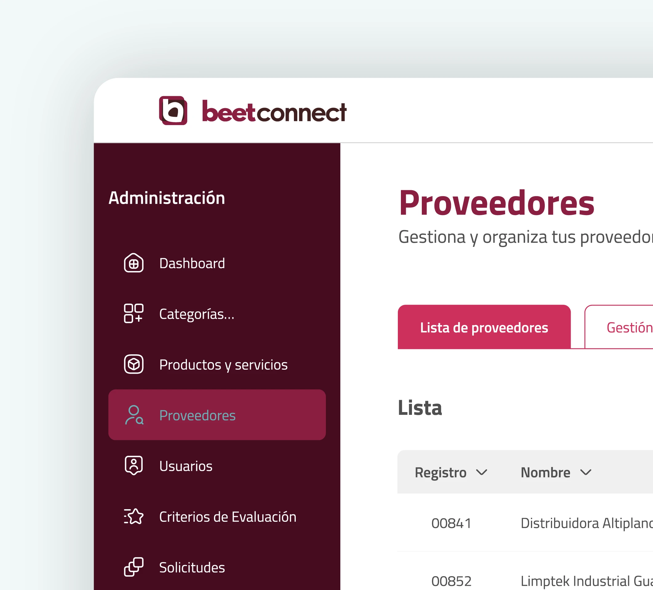 Vista de la administración de proveedores en BeetConnect
